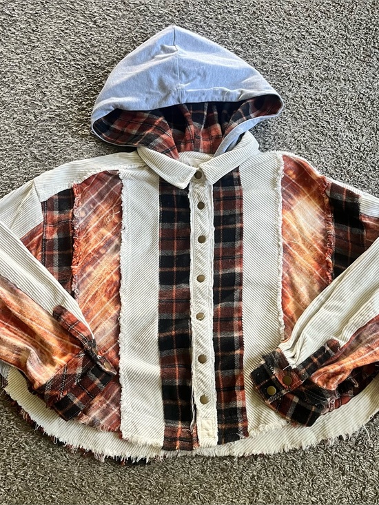 Oli & Hali Tops - Oli & Hali Hooded Corduroy Shacket Orange Plaid Fall Cozy Oversized Patchwork